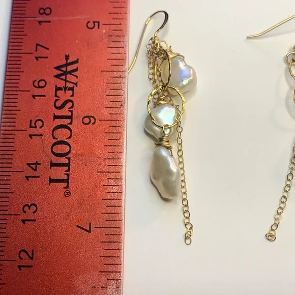 Gold Wire-Wrapped Freshwater Pearl Dangle Earrings 14kt gold filled marked 14gf - Picture 4 of 5